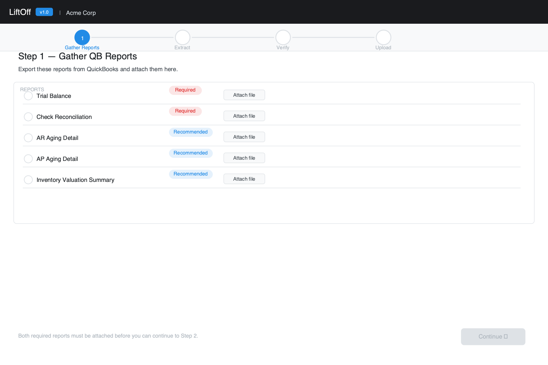 Step 1 — QB Reports: checklist showing Trial Balance and Check Reconciliation with Attach file buttons, AR Aging and AP Aging as recommended