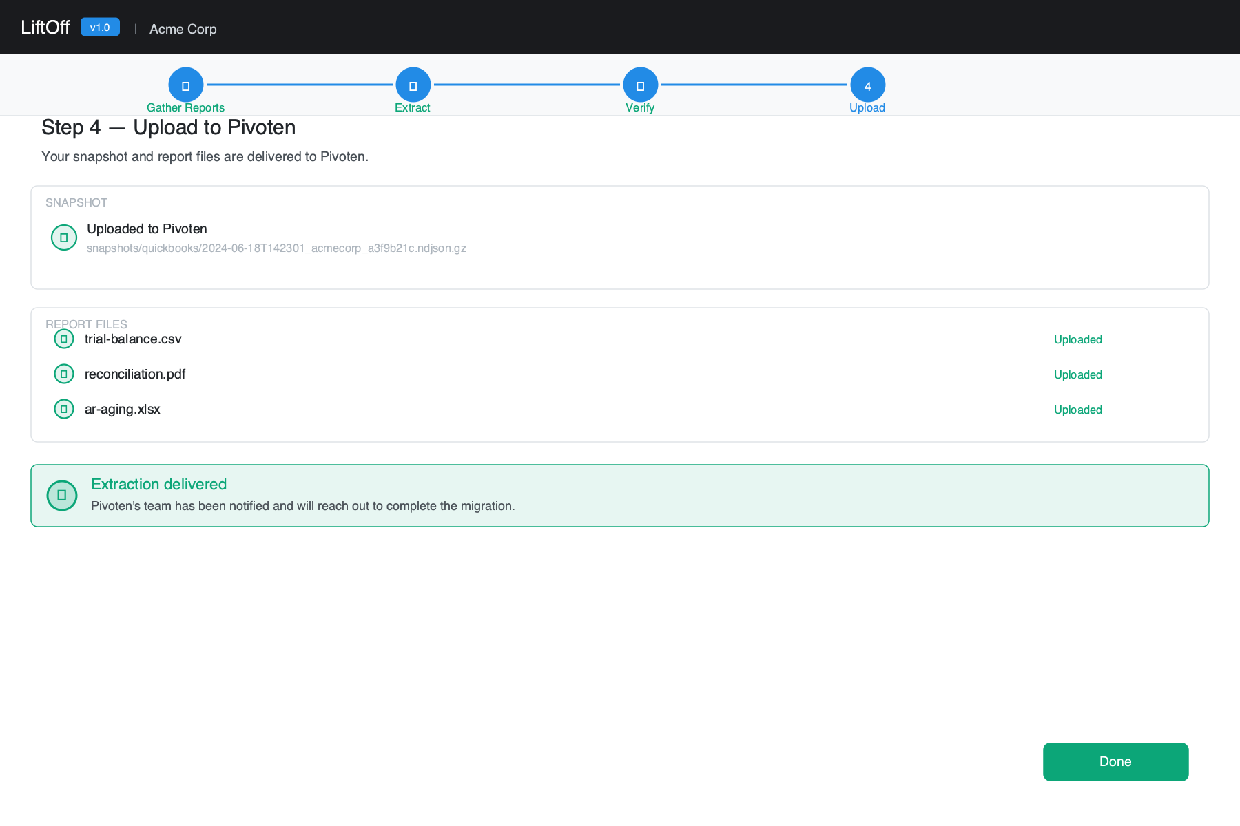 Step 4 — Upload: snapshot shown as uploaded with a reference key, two report files shown as uploaded, and a green Extraction delivered confirmation banner
